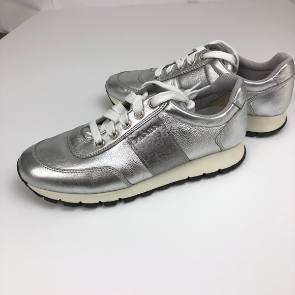 Prada silver leather lace up sneakers - Picture 7 of 11